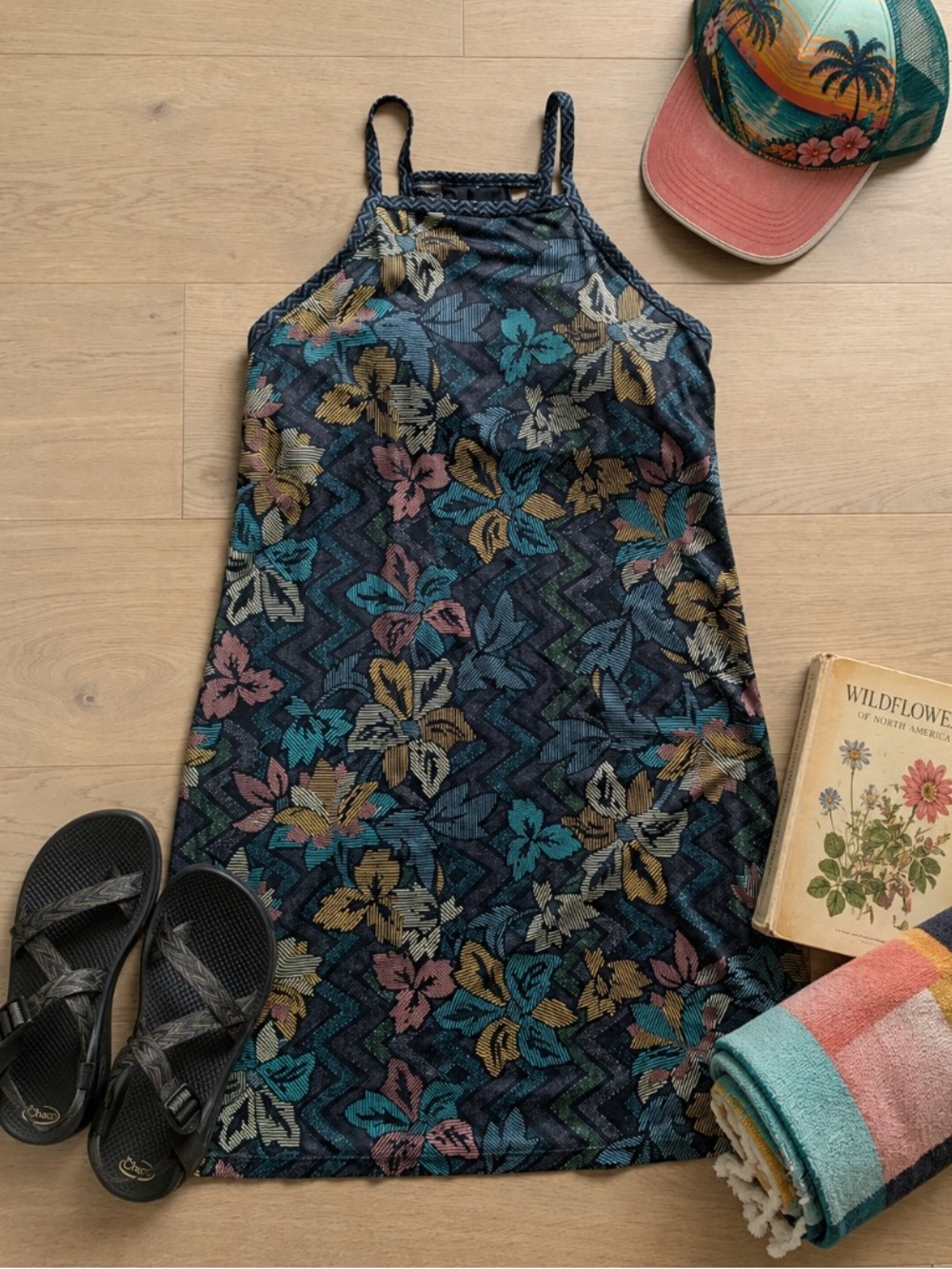 Prana Hawaiian Tropical Floral Dress Small Island Resort Vacation Print Black M